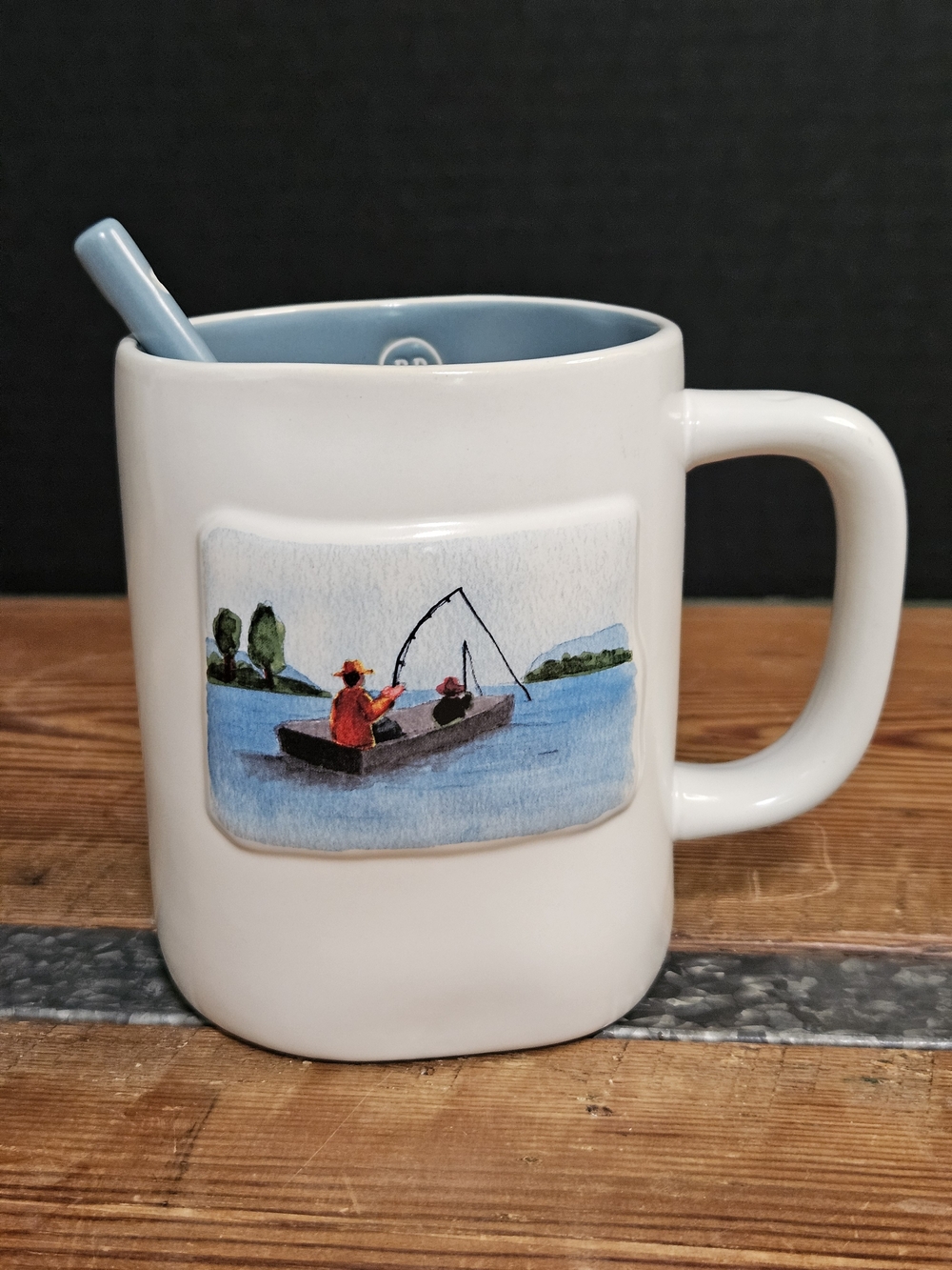 Rae Dunn White Ceramic Fishing Scene Mug with Blue Interior and Spoon